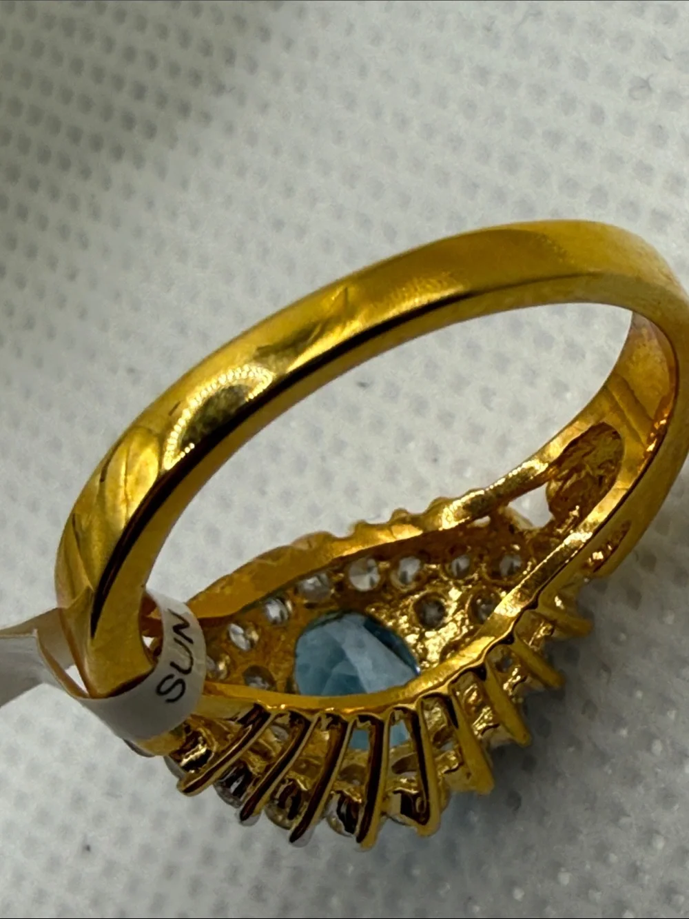 Vintage Blue Topaz Halo Cocktail Ring with Clear Accent CZ Stones plated piece